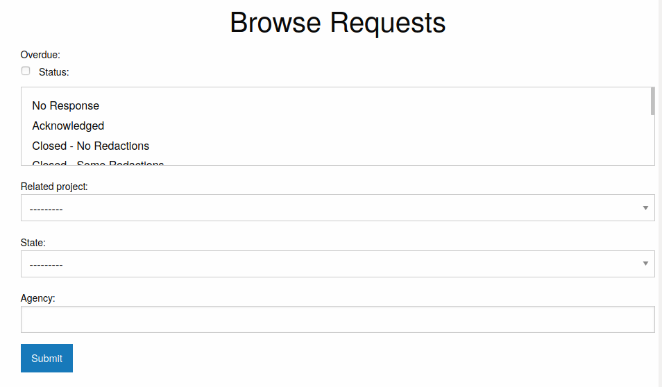 Screenshot of a form allowing users to submit public records requests.